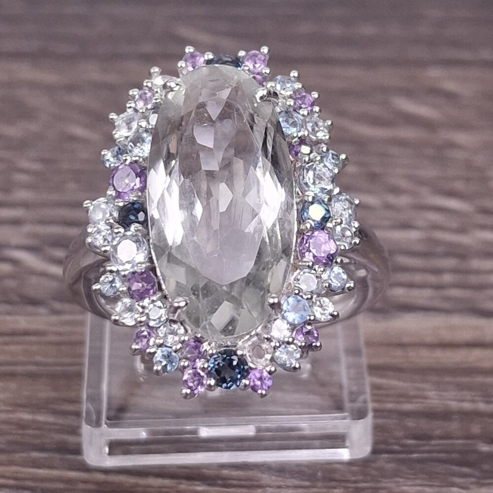 925 Sterling Silver Cocktail Ring Green Amethyst Topaz Multi-Stone Halo Sz 8